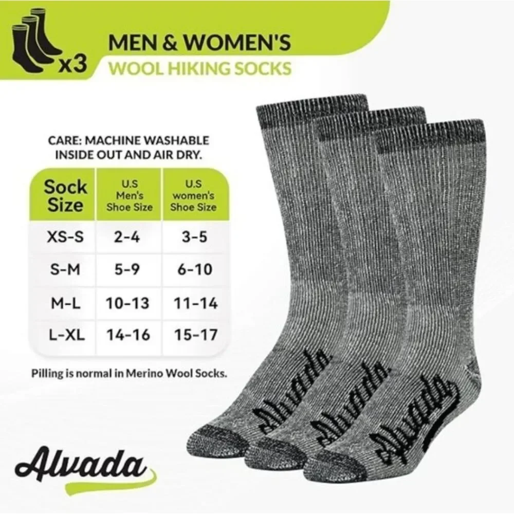 Alvada Merino Wool Hiking Socks Thermal Warm Crew Winter Boot Sock ML 3 Pairs